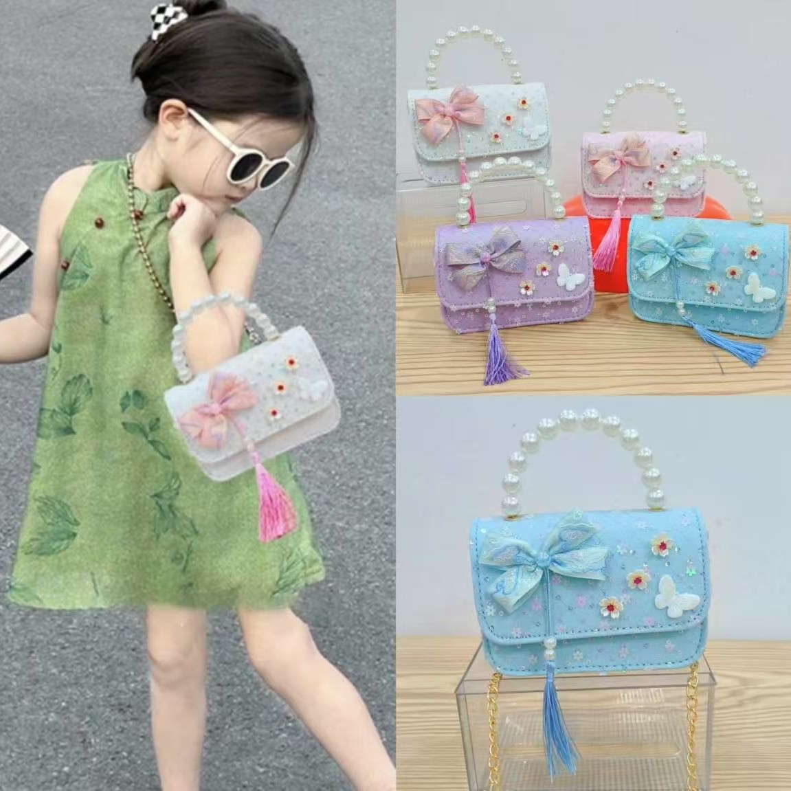 Children's little chanel-style single-shoulder high-end girl ancient-style coin purse princess pearl hand-held Hanfu accessory crossbody bag Application Scenario