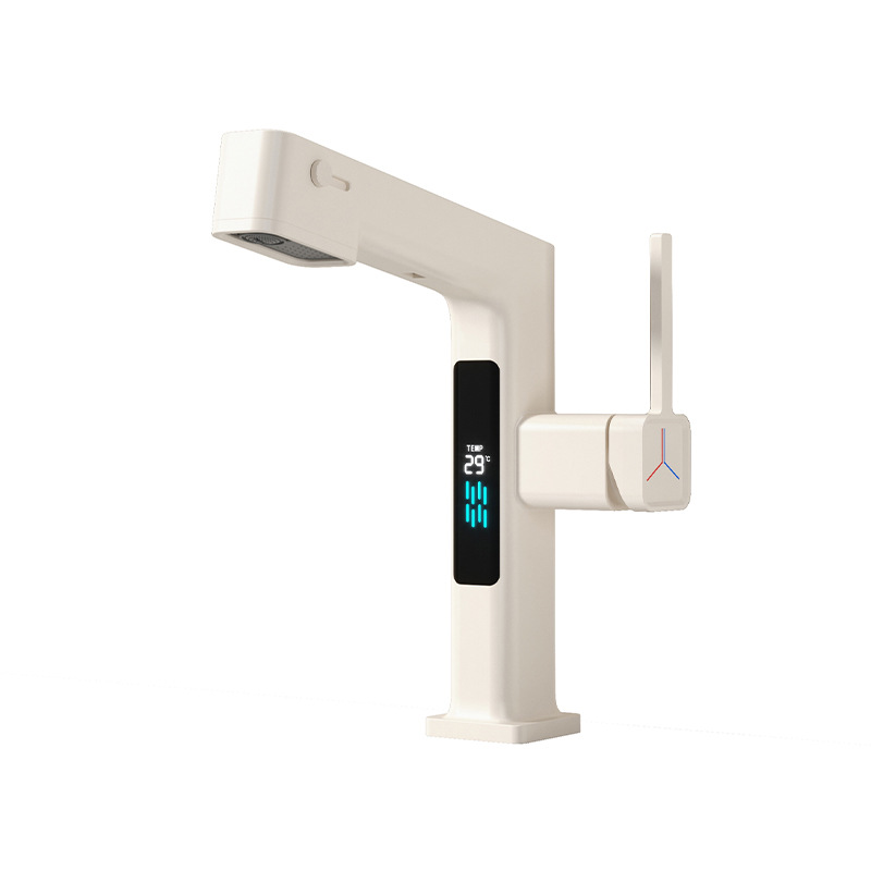 Milky white pull-out digital display washbasin faucet, cold and hot all-copper multi-functional gun gray top water outlet washbasin faucet Item Picture