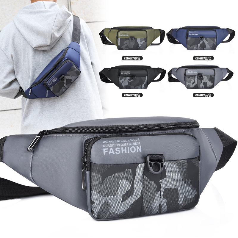 New men's camouflage nylon waist bag, outdoor sports trend crossbody bag, cash register business coin purse, single-shoulder bag full figure