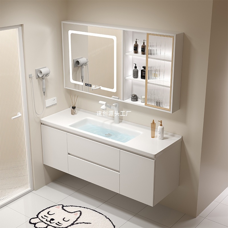 Cream-colored solid wood bathroom cabinet, ceramic washbasin, bathroom washbasin, washstand, washbasin, smart mirror cabinet Specification drawing