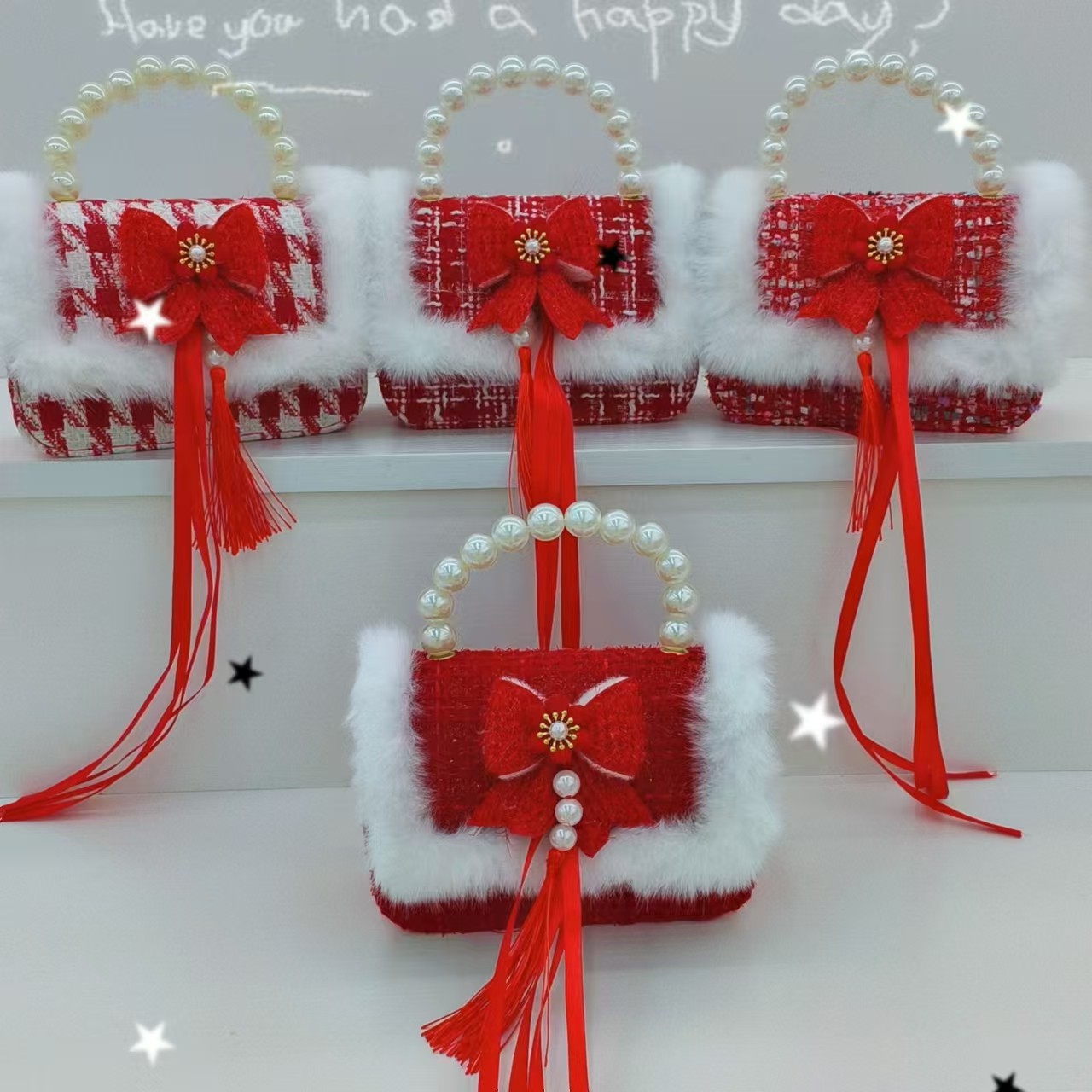 Children's New Year greeting bag, single-shoulder bag, fashionable chain, small chanel-style bag, lucky money, red hand-held crossbody bag, gift beads details Picture