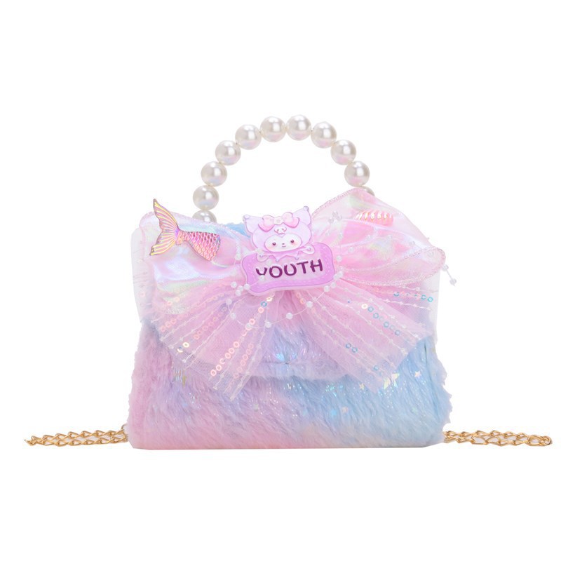 Cute bow rainbow plush bag for girls 2025 Stylish export crossbody bag for girls Pearl princess bag Item Picture
