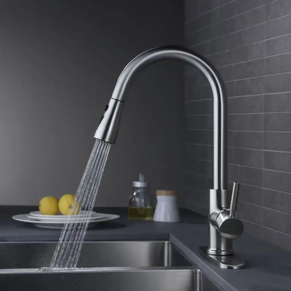 The cross-border kitchen faucet for foreign trade can be rotated for hot and cold. It is a 304 stainless steel washbasin and a pull-out telescopic sink faucet details Picture