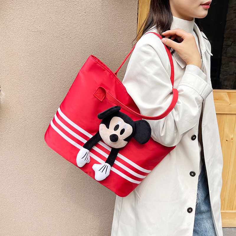 Large-capacity shopping and grocery bag, Korean-style chic casual versatile nylon contrasting color striped single-shoulder crossbody bucket bag details Picture