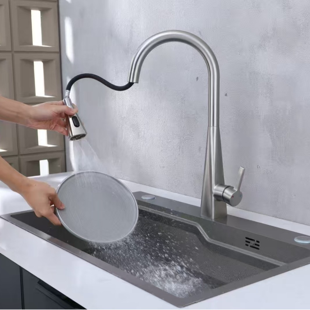 Wholesale 304 stainless steel kitchen pull-out faucet, popular hot and cold sink, telescopic faucet, conical rocket Application Scenario
