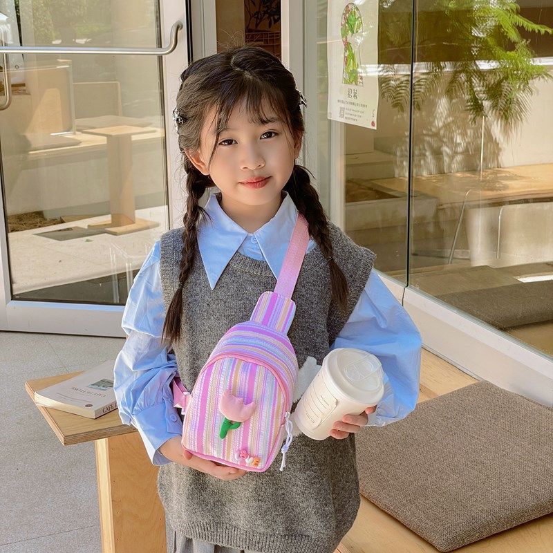 Cute and childlike cartoon kindergarten chest bag, fresh floral striped crossbody bag, portable single-shoulder bag for outdoor sports, girls details Picture