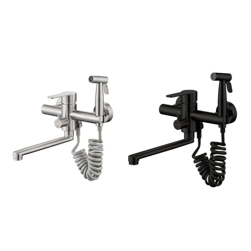 Black cold and hot stainless steel wall-mounted multi-functional extended nozzle with spray gun Russian double-hole kitchen faucet Item Picture