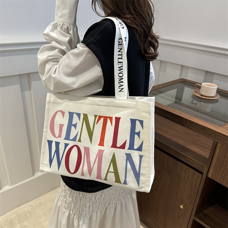 Large-capacity letter canvas bag 2025 new style ins printed versatile shoulder bag for commuting and portable ladies' tote bag Specification drawing