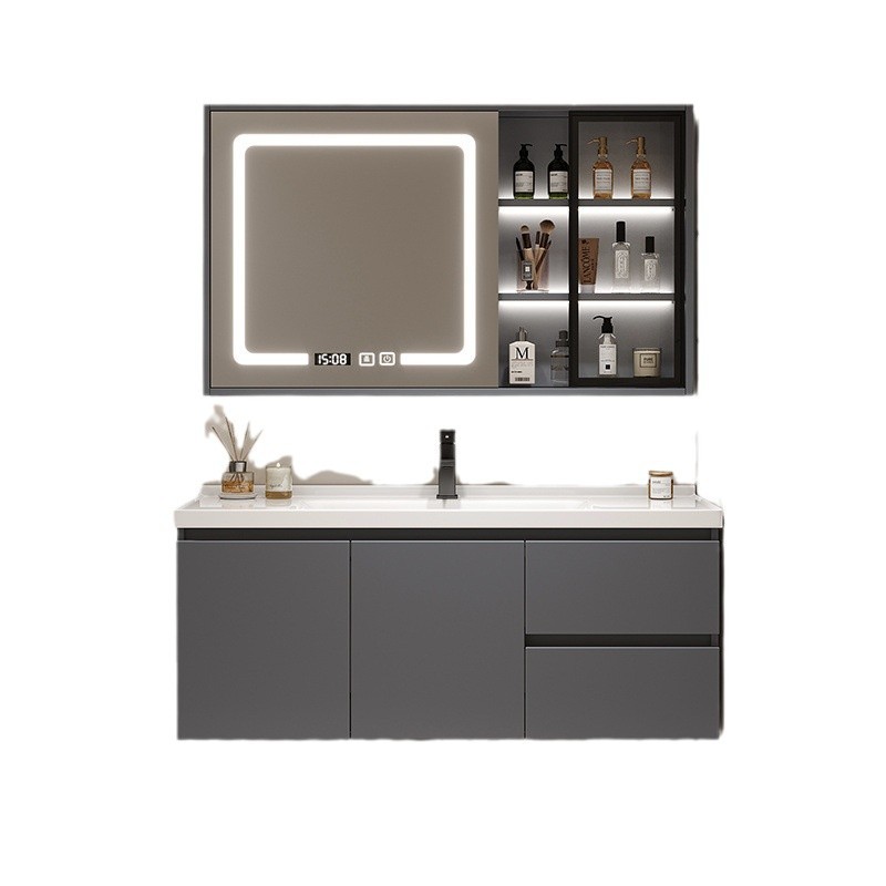 Simple bathroom solid wood floor-standing washbasin cabinet combination washbasin, cream-colored bathroom cabinet, ceramic integrated basin Item Picture