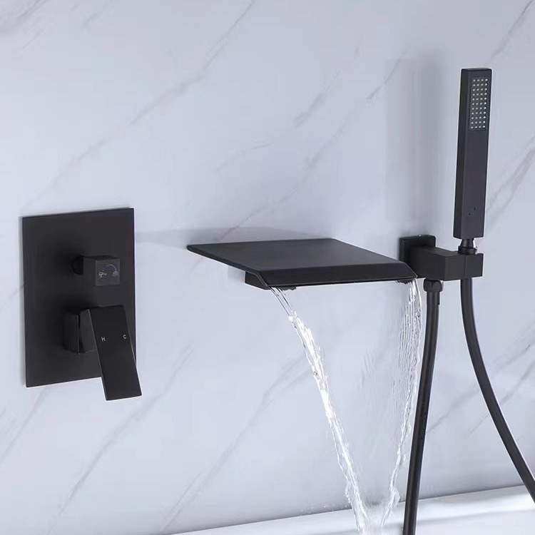 New Nordic waterfall bathtub faucet, concealed cold and hot wall-mounted black built-in faucet shower head details Picture
