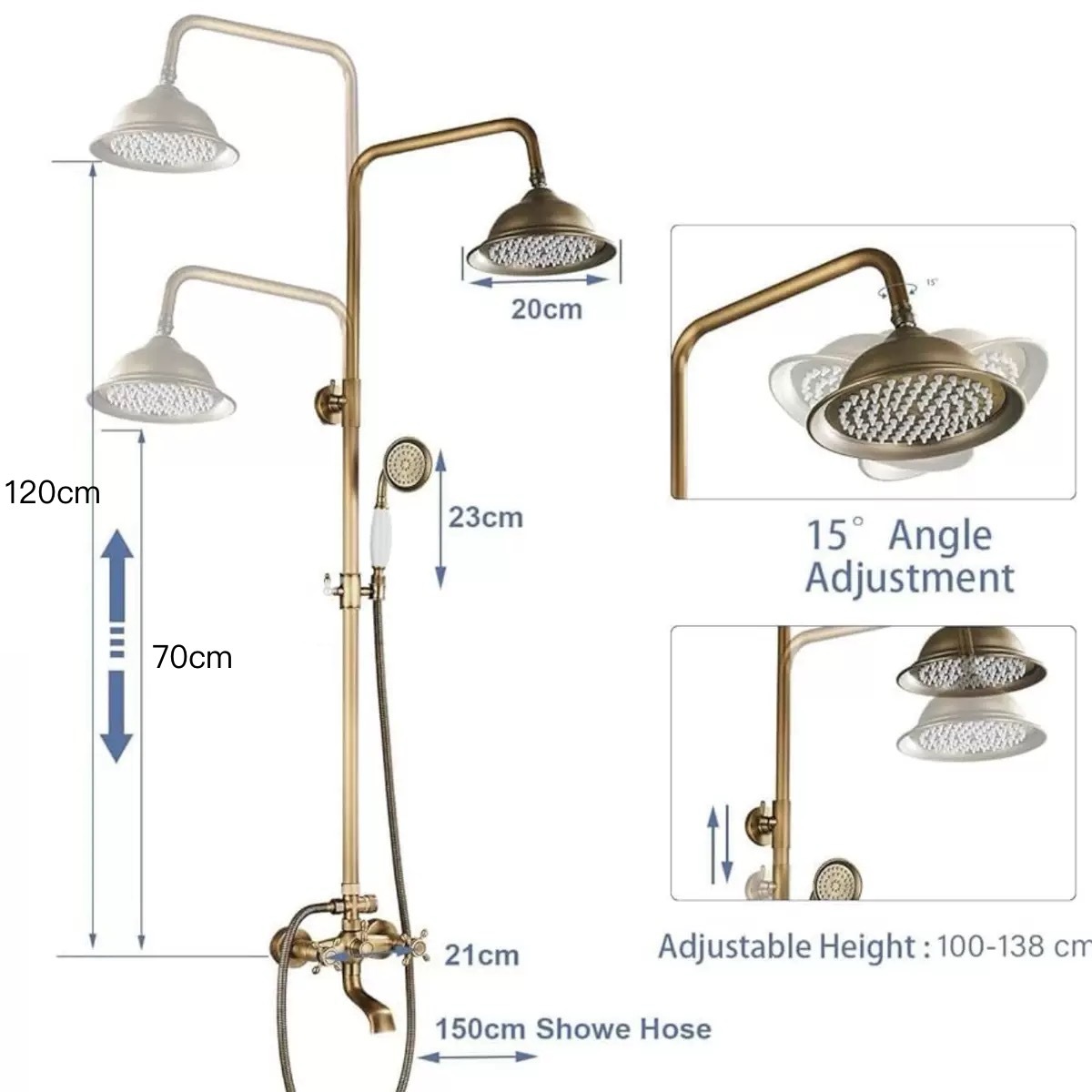 Retro showerhead set, a complete set of three-speed American-style bathroom shower system, outdoor shower and shower Specification drawing