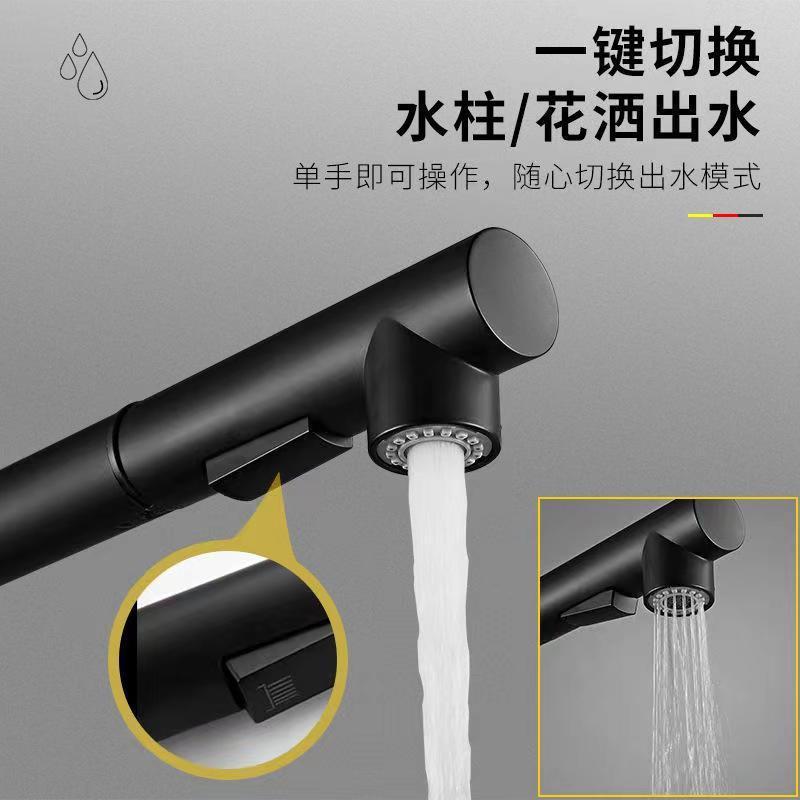 Cross-border stainless steel kitchen hot and cold water faucet, seven-shaped pull-out rotating sink, black faucet for washing sink and sink Application Scenario