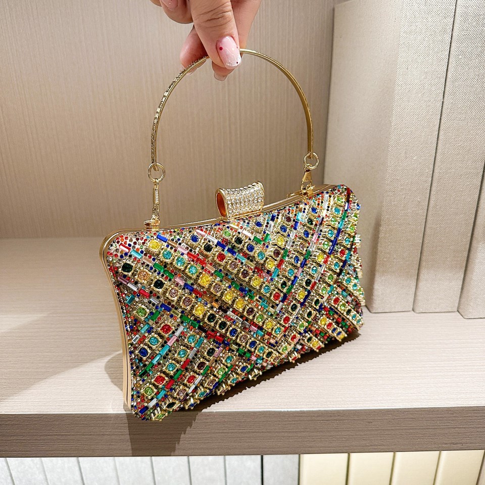 High-end evening dress, lady's water diamond clutch bag, diamond-encrusted bag, colorful diamond chain cheongsam bag, evening bag, women's handbag details Picture