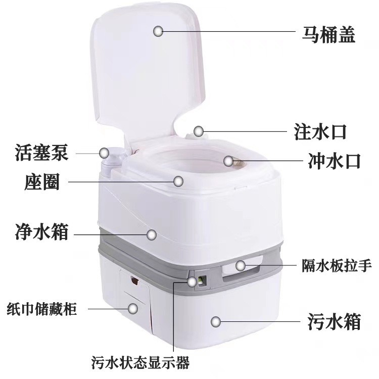 A new 24-liter portable mobile toilet with piston pump water and dual flushing, suitable for pregnant women, outdoor camping, and vehicle-mounted use Specification drawing
