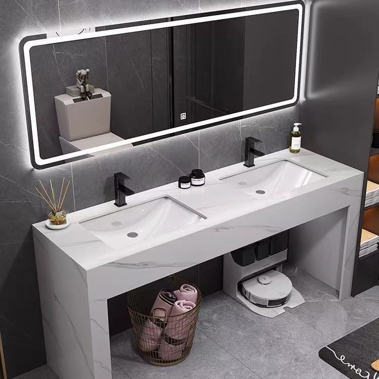 Modern and simple marble double-basin bathroom cabinet combination, washbasin, public bathroom, floor-standing bathroom Specification drawing
