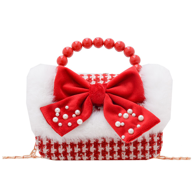 Cute children's New Year red fashionable pearl handbag, trendy and versatile chain crossbody bag, girls' loose change single-shoulder bag Item Picture