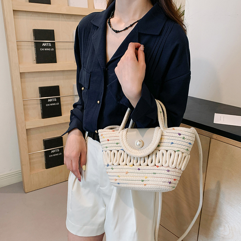 Handcrafted cotton rope crossbody bag 2024 new style French colorful dot woven bag, fashionable pearl handbag for women Specification drawing