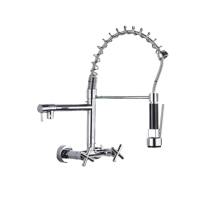Ousapai semi-copper wall-mounted hot and cold exposed spring kitchen faucet, wall-mounted double-handle spring faucet Item Picture