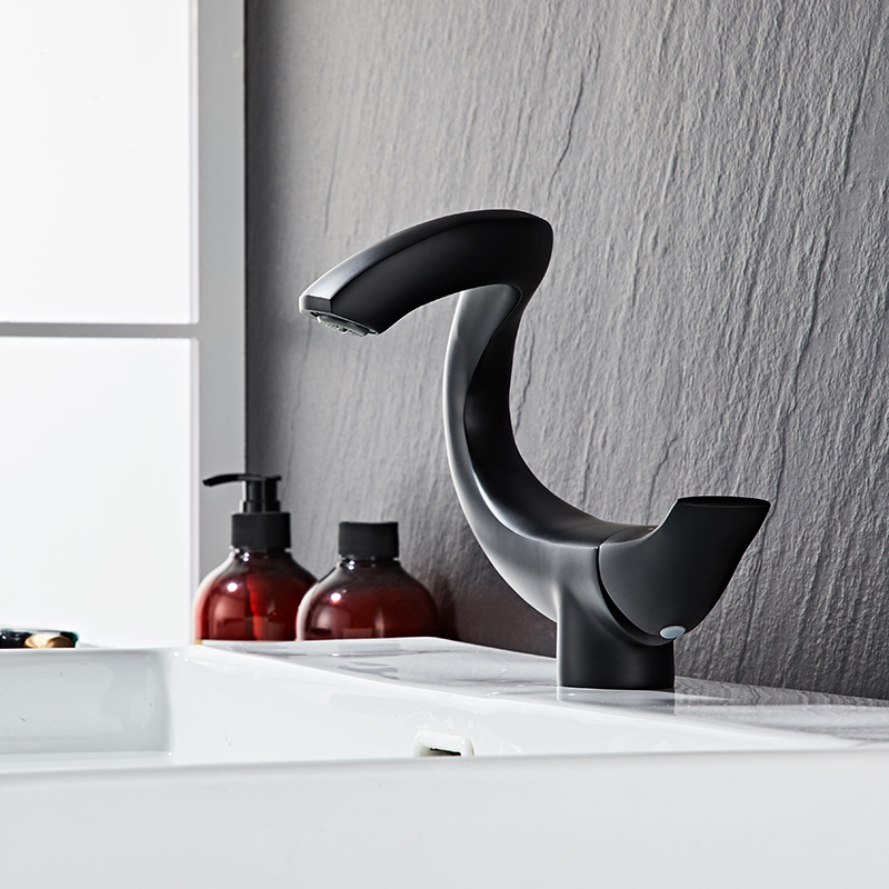 New cross-border black and gold all-copper washbasin, creative faucet, personalized hot and cold water top basin and bottom basin faucet details Picture