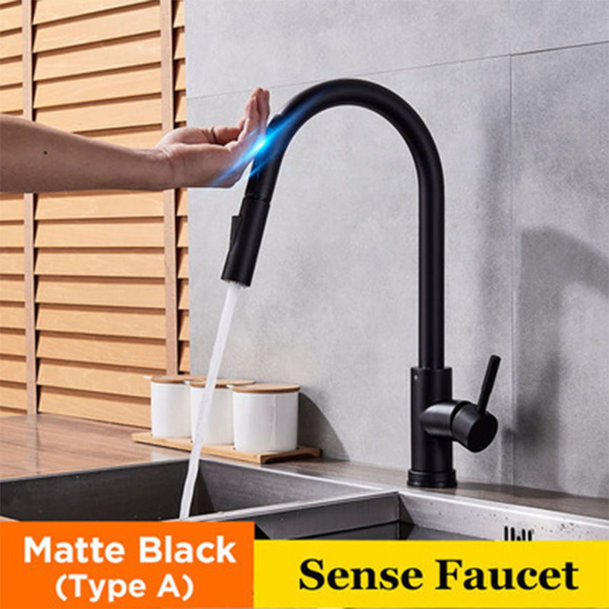The cross-border touch-sensing pull-out kitchen faucet, cold and hot washing basin, sink and sink faucet can be rotated details Picture