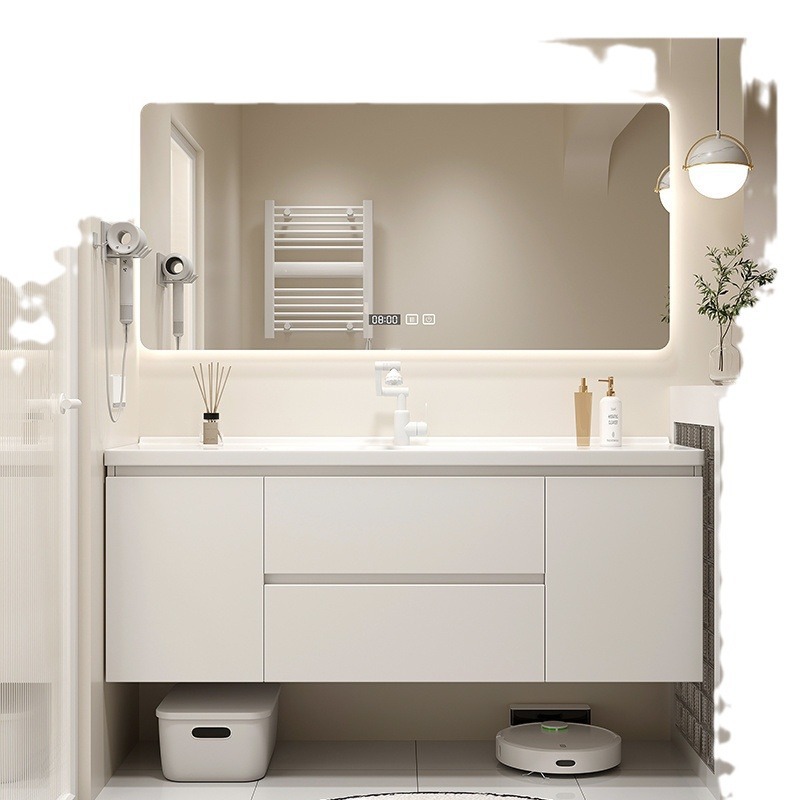 Cream-colored solid wood bathroom cabinet, ceramic washbasin, bathroom washbasin, washstand, washbasin, smart mirror cabinet Item Picture