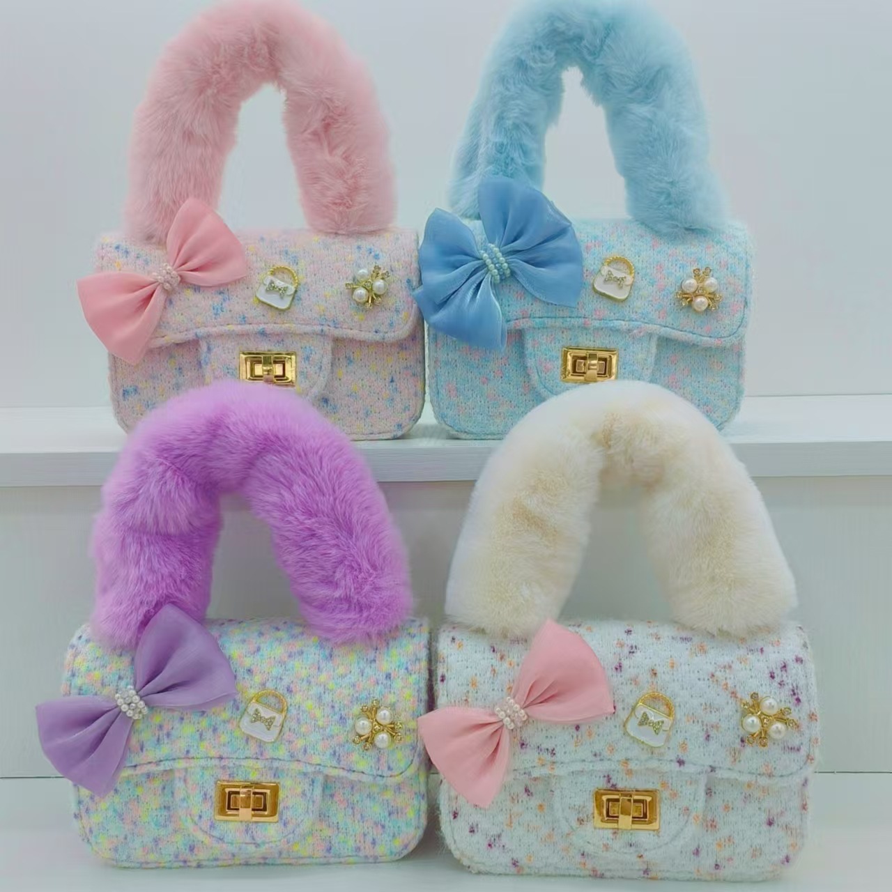 Bow plush handbag, princess bag, stylish little girl shoulder bag, accessory crossbody bag, small square bag, coin purse full figure