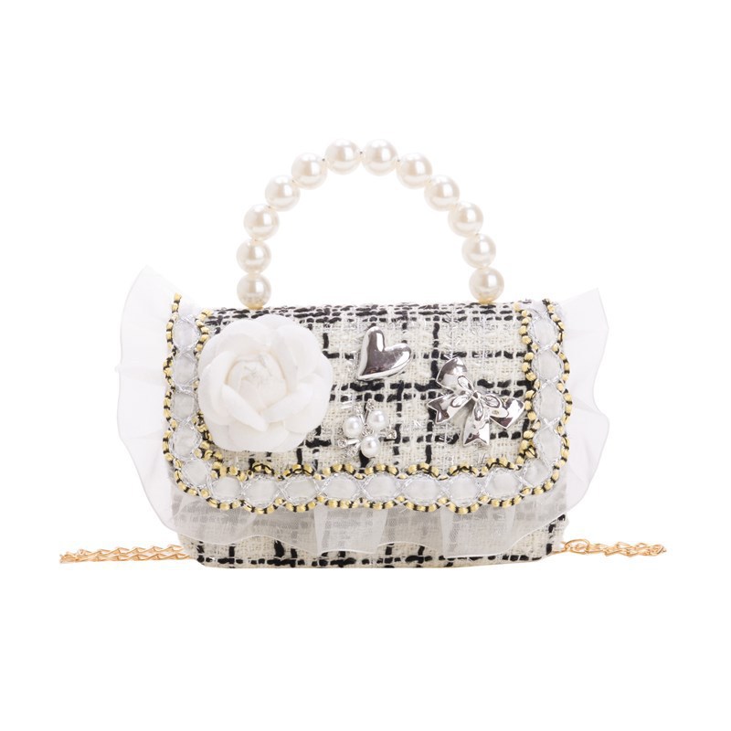 Mini Fashion Girls' Pearl Coin Purse 2025 New checkered Fashion Korean version Little Girls' handbag for children's clothing matching Item Picture