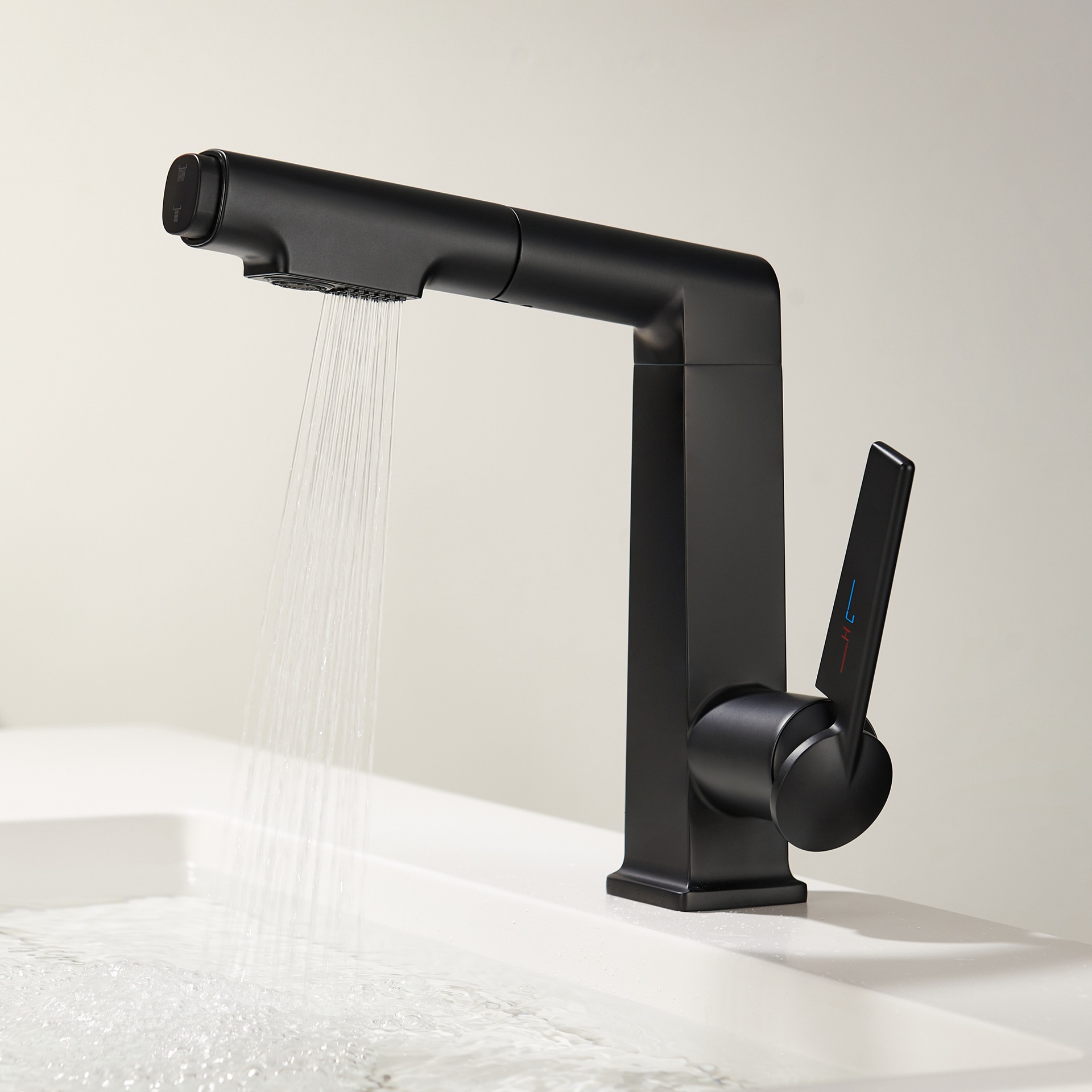 German quality black washbasin faucet, cold and hot, all-copper pull-out type with lifting and rotating under-sink for washing face and mouthwash full figure