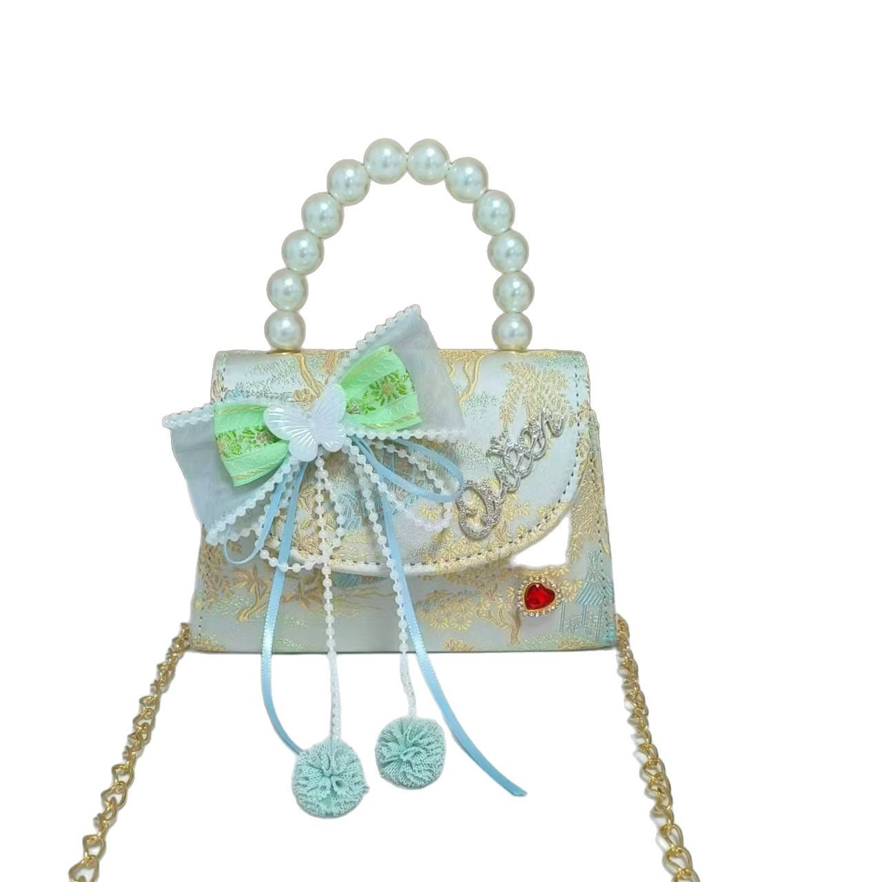 Children's bag, Chinese-style bow, girls' shoulder bag, little princess pearl hand-held storage coin purse, Hanfu accessories Item Picture