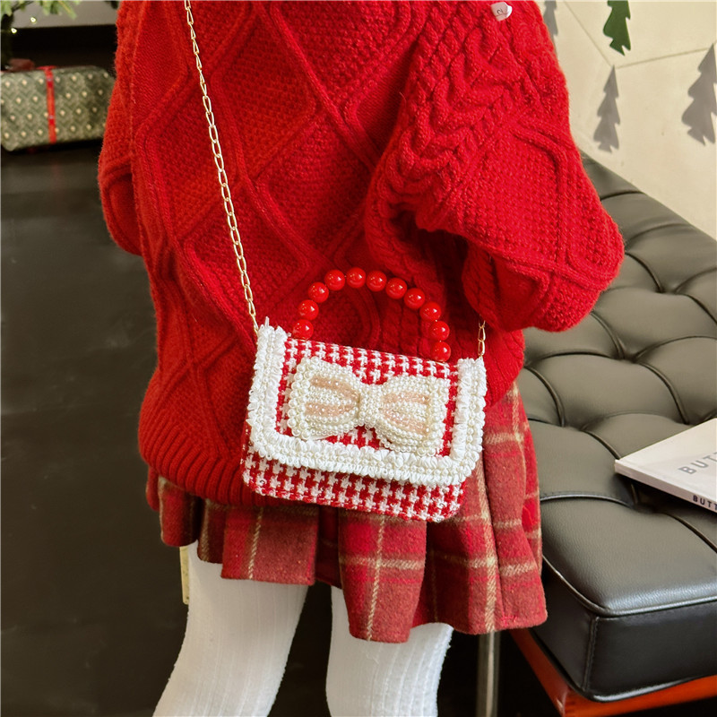 New Year's big red small square bag, children's pearl handbag, cute bow chain bag for babies, girls' coin purse details Picture