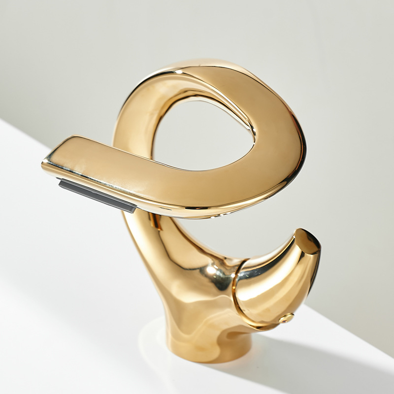 All-copper creative art washbasin, gun grey faucet, waterfall-style splash-proof bathroom cabinet, basin faucet details Picture