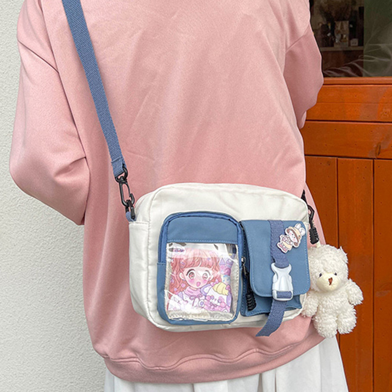 Japanese-style small bag girl, Korean ulzzang vintage style, cute and soft girl, transparent card student color-blocking crossbody bag details Picture