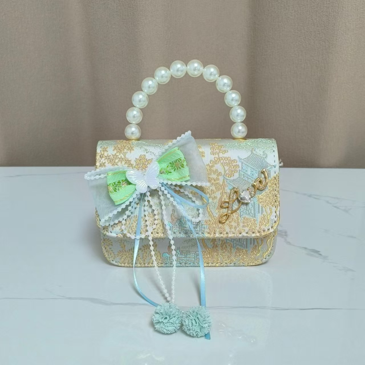 Children's bag, high-end ancient-style, little girl coin purse, little princess pearl Hanfu accessories, handbag, storage bag Specification drawing
