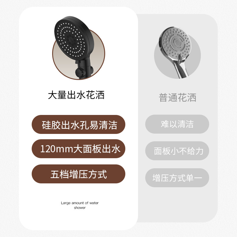 12CM large water outlet handheld showerhead, five-speed multi-functional pressurized shower head, matte black showerhead details Picture