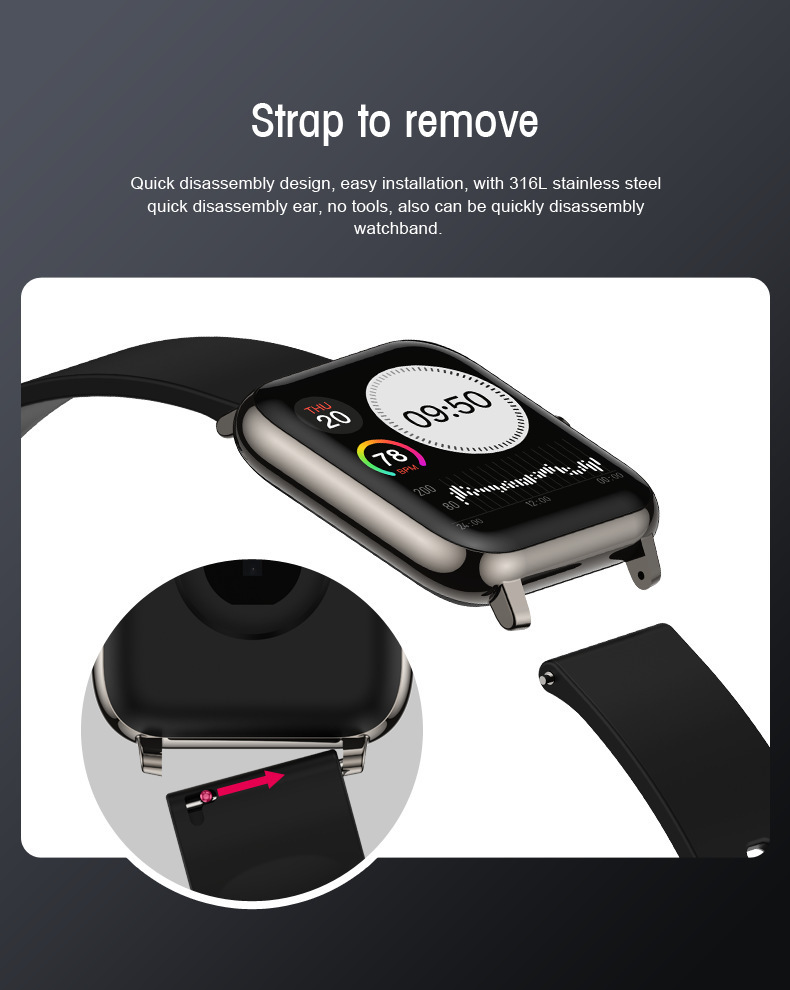 The new P22 multi-sport smart bracelet features a large screen, full touch, waterproof, blood pressure and heart rate monitoring, and multiple straps for replacement Specification drawing