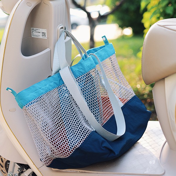 Large-capacity summer niche trendy color-blocking net bag single-shoulder bag, casual large-capacity double-sided usable storage shopping bag Item Picture