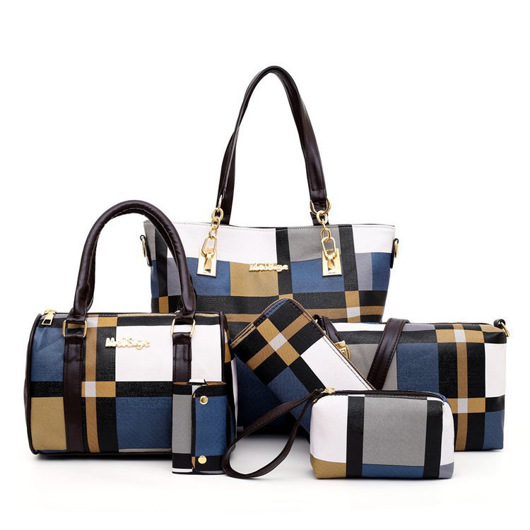 New checkered six-piece set mother-and-child tote bag with color contrast trend, single-shoulder hand-carry women's bag, cross-border one-piece consignment worldwide full figure