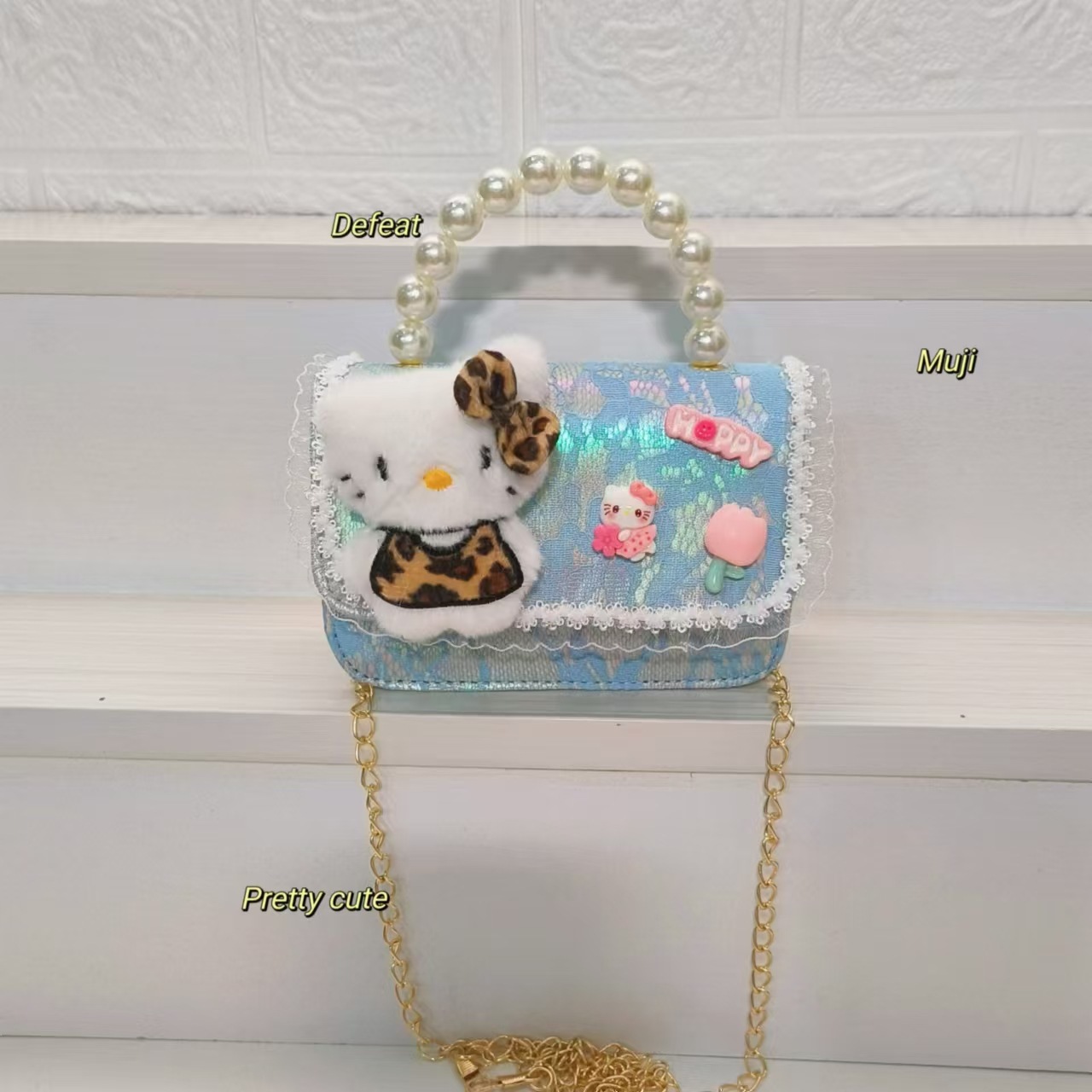KT Cat pearl handbag, crossbody bag, loose change accessory bag, children's bag, chain bag, small square bag, lucky money bag for girls Specification drawing