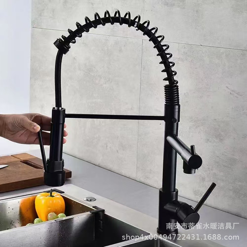 Cross-border stainless steel high-pressure spring kitchen faucet, pull-out cold and hot sink, sink for washing vegetables, double water outlet with spray gun details Picture