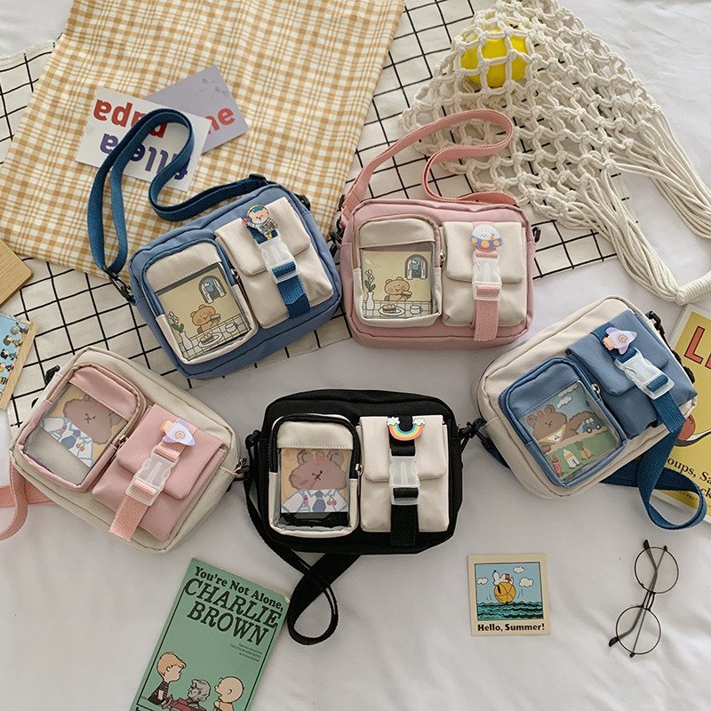 Single-shoulder bag, ins forest-style large capacity small bag, women's crossbody bag, cute student canvas, Japanese-style Harajuku small square bag full figure