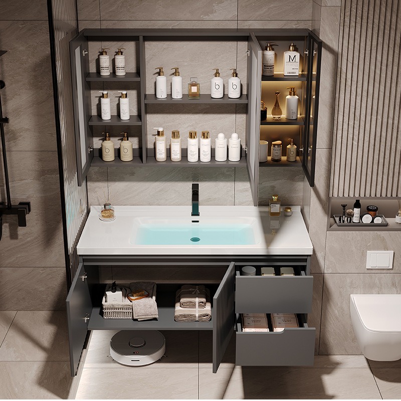 High-end oak bathroom cabinet, ceramic integrated basin, direct sales from hotel source manufacturer, light luxury and intelligent Specification drawing