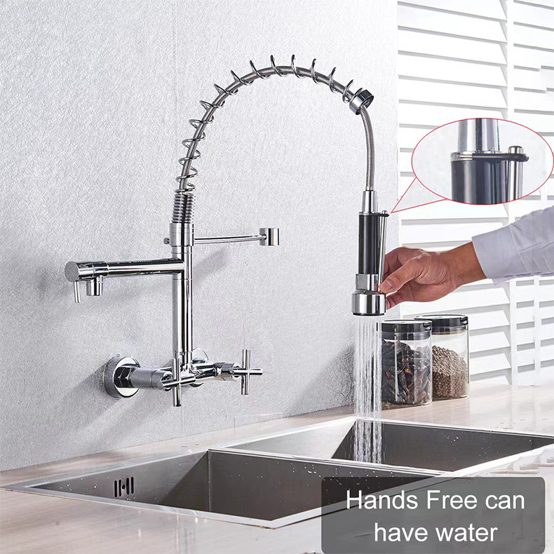 Ousapai semi-copper wall-mounted hot and cold exposed spring kitchen faucet, wall-mounted double-handle spring faucet Specification drawing