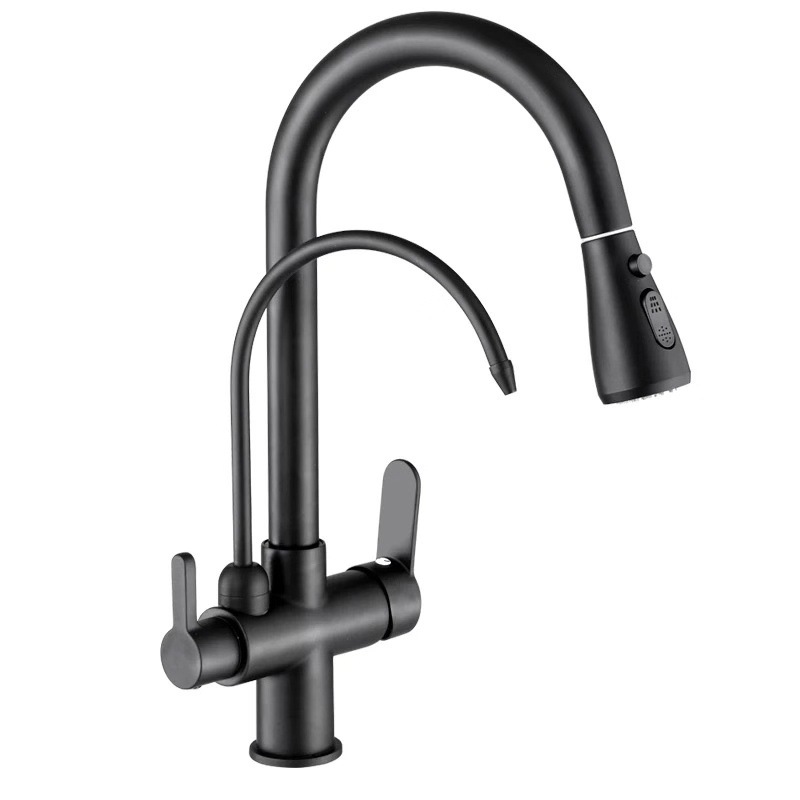 Cross-border kitchen pull-out faucet, cold and hot dual-purpose all-copper water purifier, direct drinking sink, three-in-one faucet Item Picture