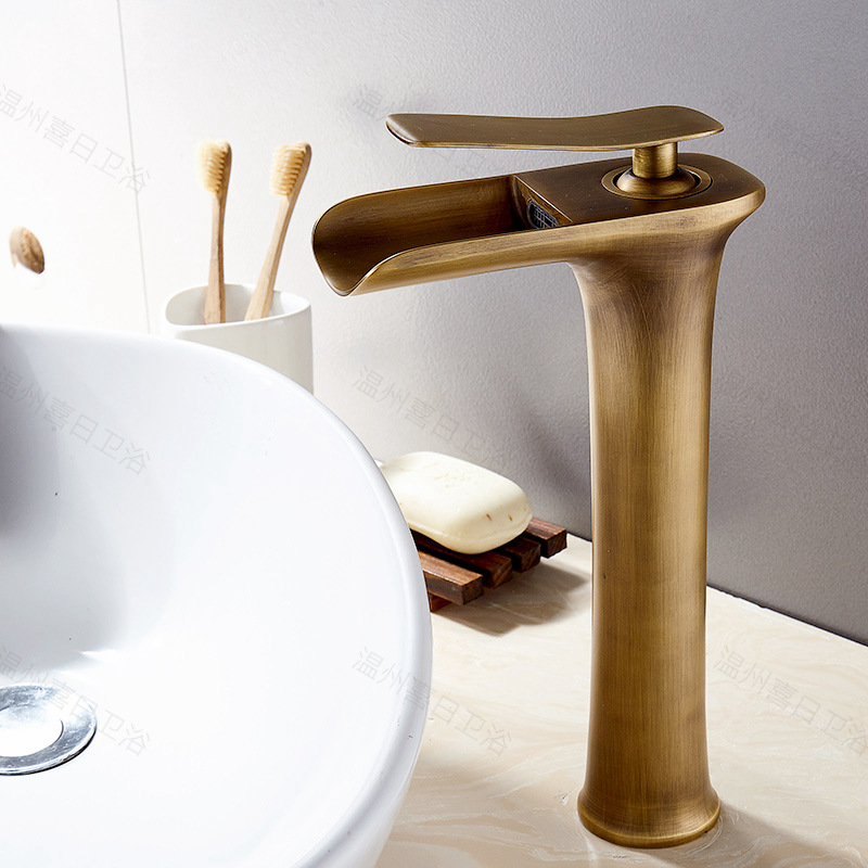 All-copper white and gold antique waterfall basin, cold and hot water faucet, retro bathroom basin, sitting single-hole mixed water full figure