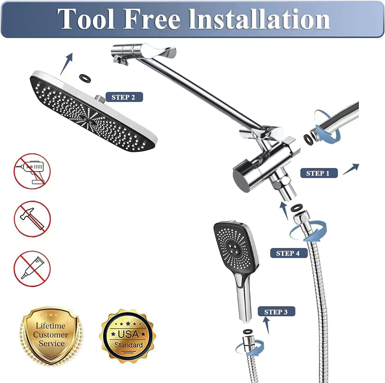 Amazon concealed shower set wholesale 12-inch square top spray 3-function handheld showerhead with spray gun water function details Picture