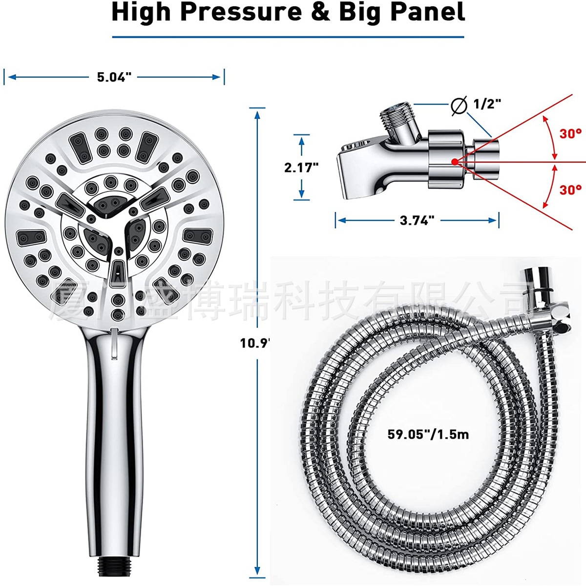 Amazon North America high-pressure electroplated handheld showerhead for export bathroom 10-function shower showerhead with spray gun water on the back Specification drawing