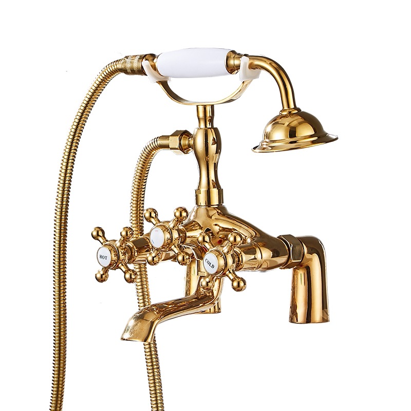 Double-column classical telephone style, golden imperial concubine bathtub, side faucet, standing shower head, European-style hand spray Item Picture