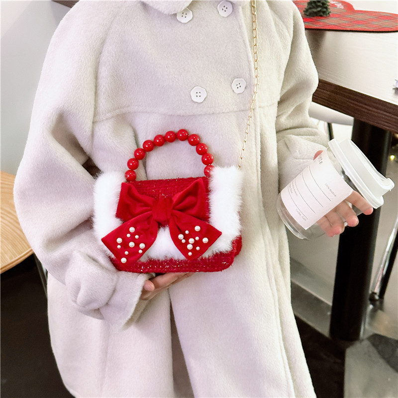 Cute children's New Year red fashionable pearl handbag, trendy and versatile chain crossbody bag, girls' loose change single-shoulder bag full figure