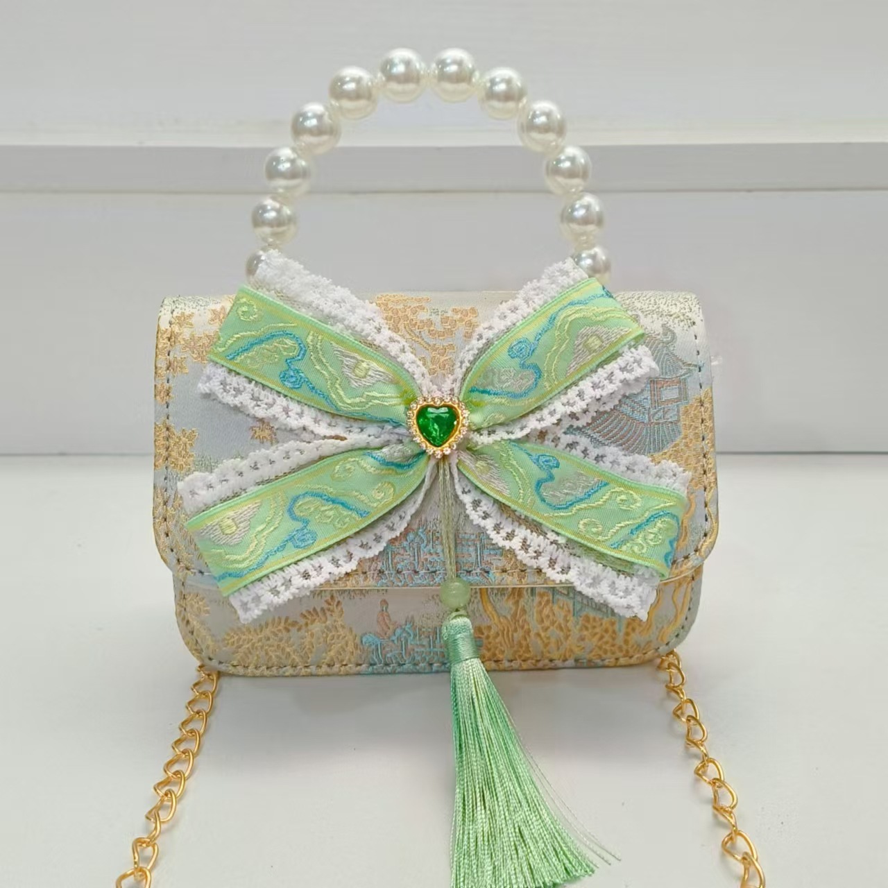 Chinese-style bow princess bag, pearl handbag, single-shoulder crossbody bag, small square bag with loose change, girls' Hanfu accessory bag Specification drawing