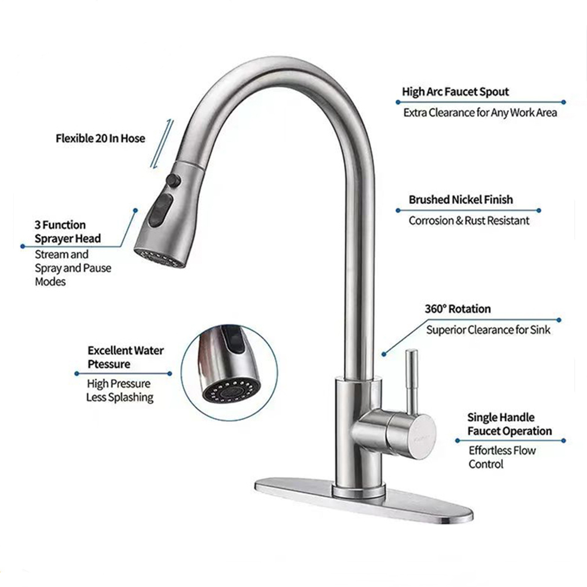 Cross-border 304 stainless steel kitchen faucet, sink, stainless steel rotatable, pull-out and telescopic hot and cold water faucet Item Picture